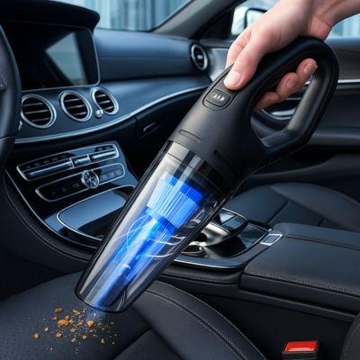 aspirateur a main aspiere miettes sur siege noire devant voiture