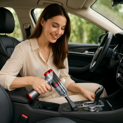 aspirateur pour voiture puissant dans main belle femme nettoie voiture