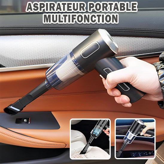 aspirateur puisant pour voiture tenue par une main d'un homme pour aspirer les petits coins de la voiture