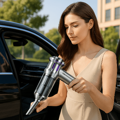 Femme utilisant l'aspirateur puissant voiture rechargeable Type-C dans sa voiture