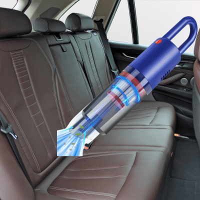 Aspirateur sans fil pour voiture compact bleu aspirant la banquette arrière en cuir