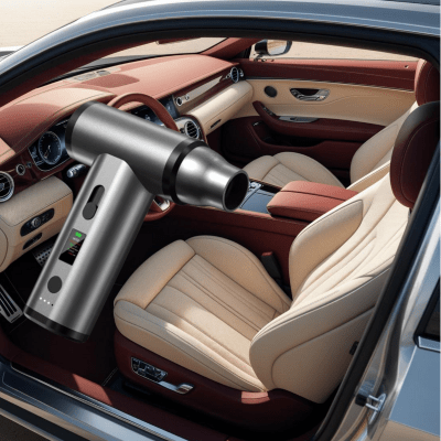 Aspirateur sans fil pour voiture polyvalent noir dans un habitacle en cuir beige