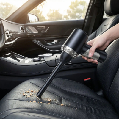 aspirateur voiture comparatif en action sur siege noir