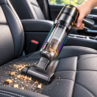 Aspirateur voiture puissant aspirant les miettes sur un siège auto en cuir