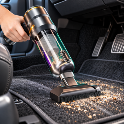 Aspirateur voiture puissant nettoyant un tapis de sol de voiture avec sa brosse large