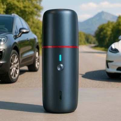Aspirateur voiture puissant sans fil présenté devant une voiture