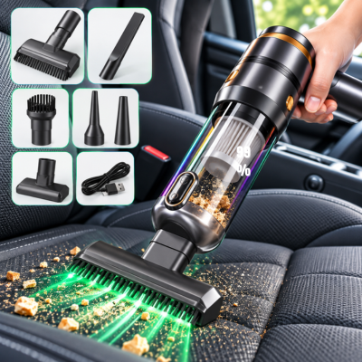 Aspirateur voiture portable avec accessoires nettoyant un siège auto en tissu grâce à sa lumière verte