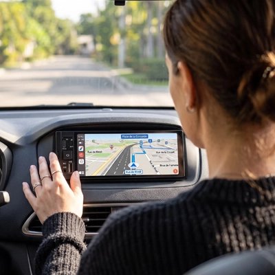 Conductrice utilisant le GPS sur l'écran tactile de l'autoradio CarPlay Serenity