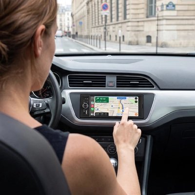 Conductrice touchant l'écran GPS de l'autoradio CarPlay sans fil Serenity