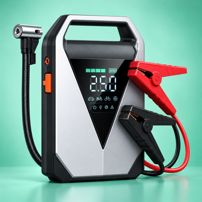 Booster de batterie haute performance avec pinces de démarrage, sur fond vert menthe