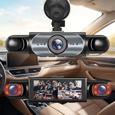 Caméra 360 voiture 4 objectifs avec écran, fixée au pare-brise dans un habitacle cuir élégant