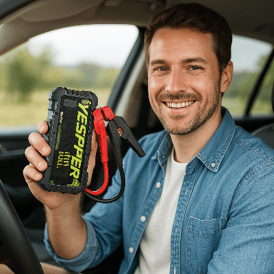 Chargeur batterie booster dans la main d'un conducteur satisfait du résultat