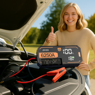 chargeur batterie booster rend femme joiyeuse apres demmarage voiture