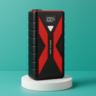 chargeur booster batterie expose sur stand fond vert