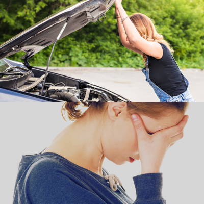 Femme en panne devant sa voiture – besoin d’un chargeur de batteries de voiture