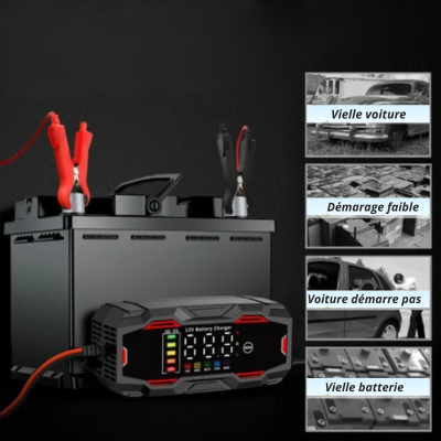 Recharge de batterie avec chargeur de batteries de voiture – à côté, icônes de batterie HS et voiture ancienne qui ne démarre pas