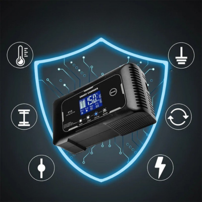Chargeur pour batterie de voiture sécurisé avec protections contre les courts-circuits les surintensités les surtensions et la surchauffe