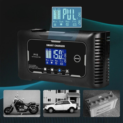 Scène de recharge avec batterie ancienne chargeur auto moto et voiture visibles avec chargeur pour batterie de voiture