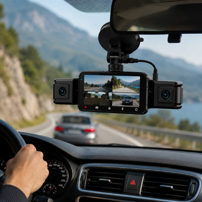 Dashcam voiture 360° installée sur le pare-brise pendant la conduite
