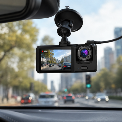 dashcam voiture fixée sur le tableau de bord d’une voiture