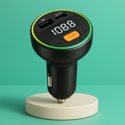 fm transmetteur bluetooth expose sur stand beige fond vert