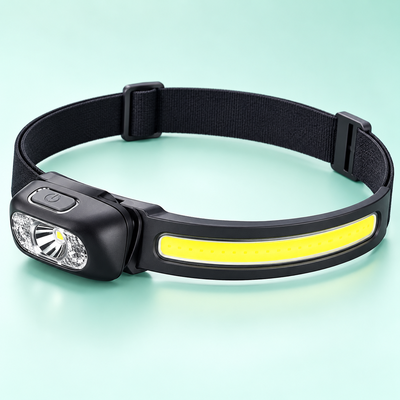 Lampe frontale COB noire vue de dessus