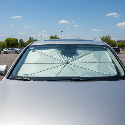 Voiture grise avec pare-soleil UVShield™ installé sur le pare-brise extérieur