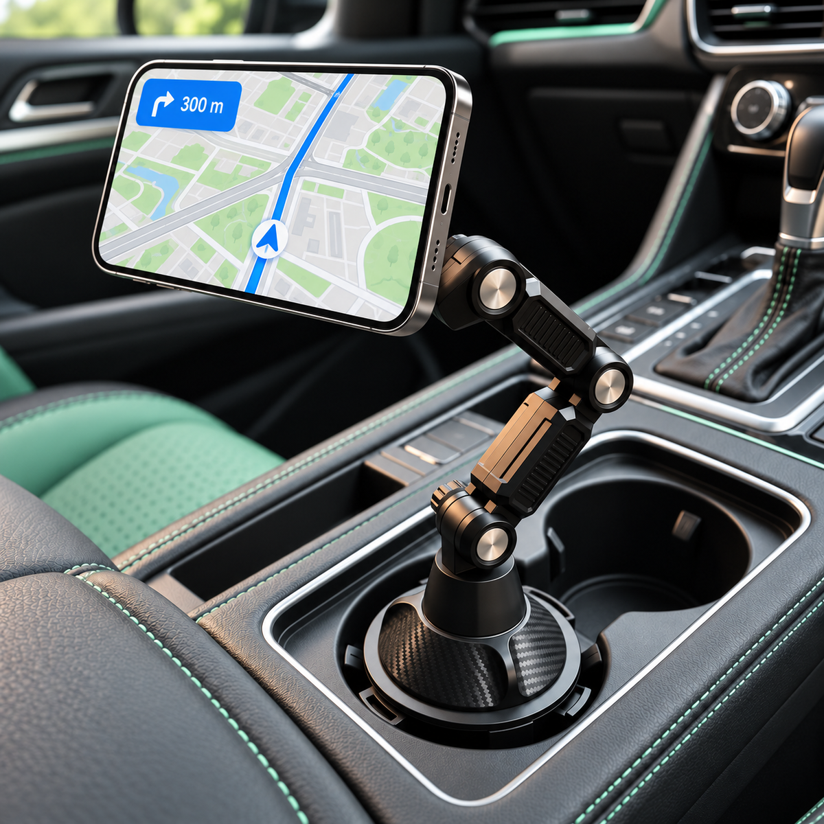 Support magnétique StabilFix sur porte-gobelet avec téléphone horizontal et carte GPS