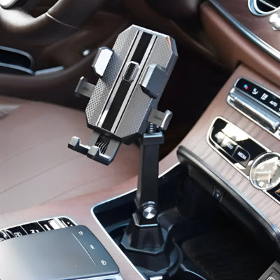 Support de telephone pour voiture fixe dans le porte-gobelet, ideal pour garder l ecran visible depuis le poste de conduite.