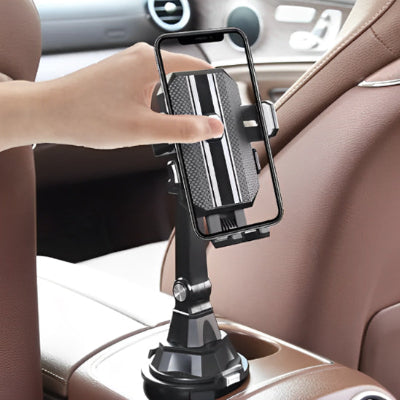 Support de telephone pour voiture, installe dans le porte-gobelet, acces rapide et facile pour poser ou retirer le telephone.