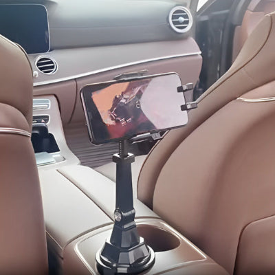 Support de telephone pour voiture télescopique, dans le porte-gobelet, rotation 360° pour position horizontale ou verticale.