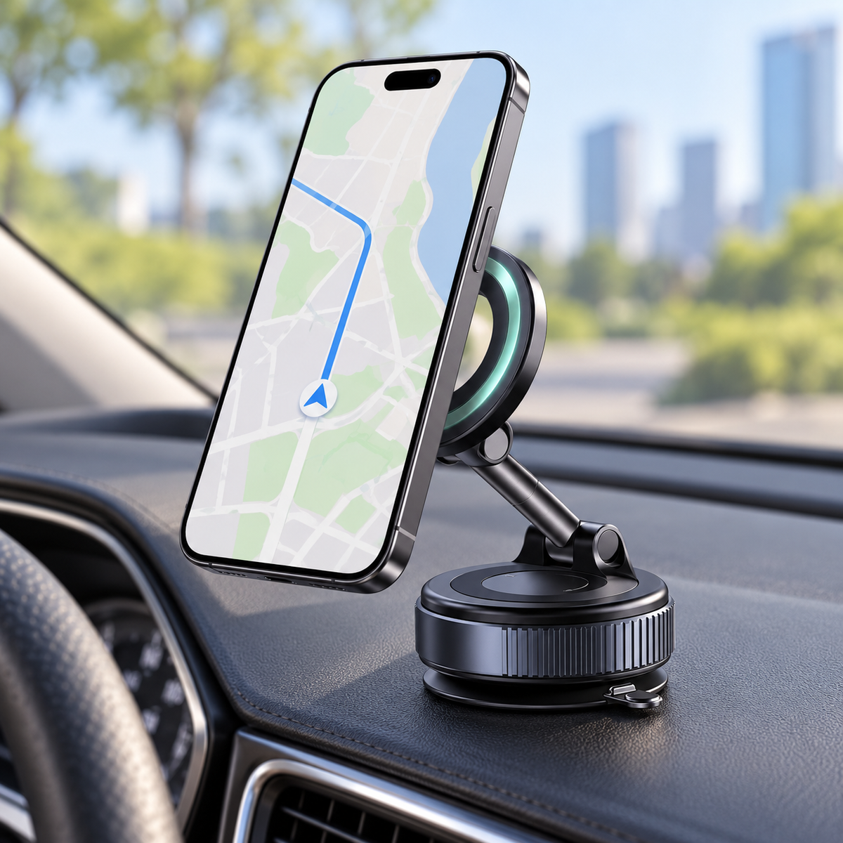 Support téléphone noir avec smartphone en voiture