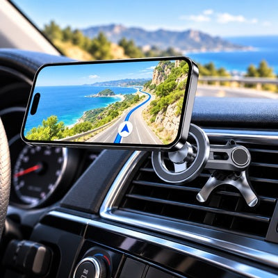 Support magnétique téléphone voiture fixé sur la grille d'aération, GPS en vue
