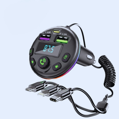 Transmetteur Bluetooth FM avec câbles intégrés, recharge rapide et musique sans fil via allume-cigare pour voiture