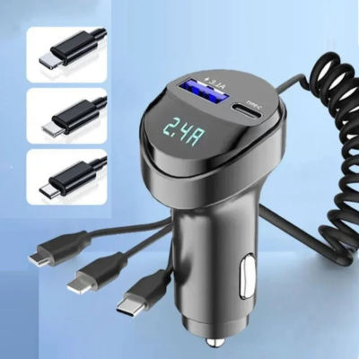 Transmetteur FM voiture avec trois câbles Type-C pour recharger plusieurs appareils, branchement facile sur allume-cigare